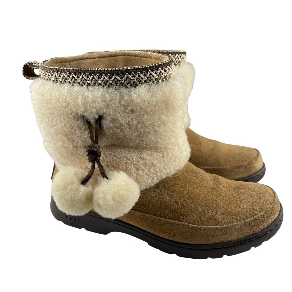 UGG Women's Brie Boots Size 8 Chestnut Tan Suede Shearling Pom Pom Waterproof